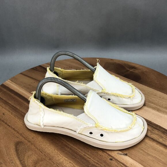 Sanuk Sidewalk Surfer Casual Loafer Shoes‎ Boys 1 White Canvas Slip On Low Top - Picture 1 of 7